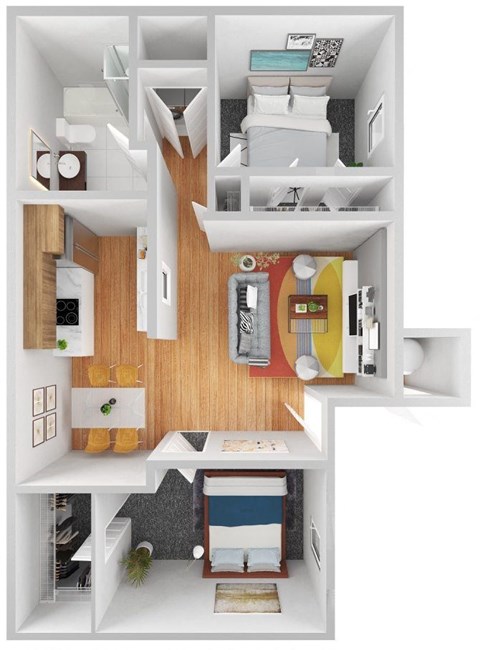 A top-down view of a small apartment with a kitchen, living room, and bedroom.